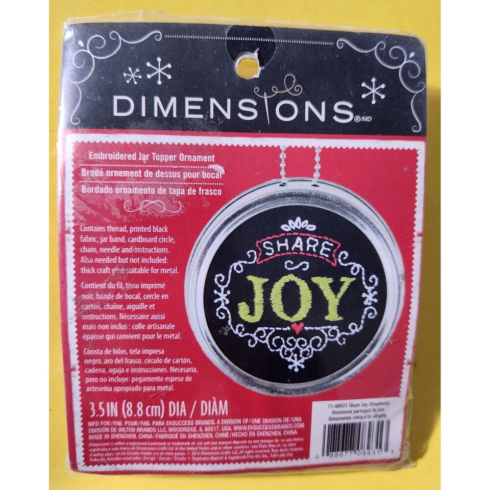 Christmas Holiday Ornament Kit Share JOY Embroidered Jar Topper Dimensions NEW
